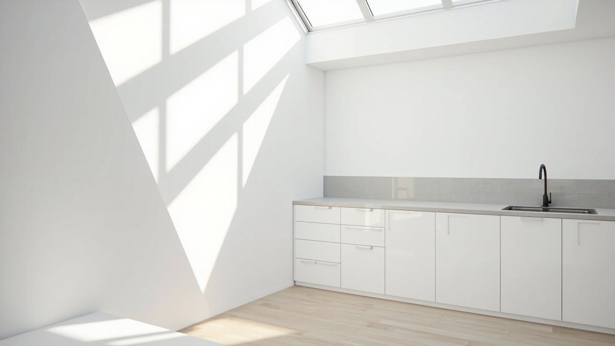 Illustrative concept design: white kitchen run lit by roof glazing high above a plain white wall