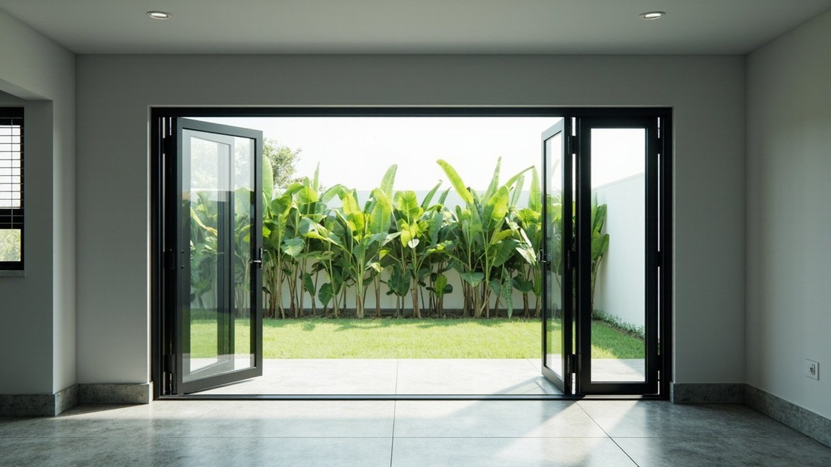 Illustrative concept design: wide black folding glass doors open onto a lawn lined with banana plants