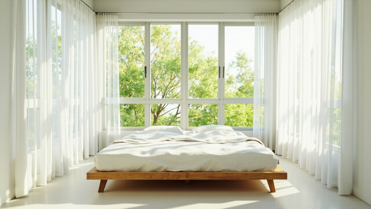 Illustrative concept design: bedroom with tall corner windows onto trees, sheer curtains and a low timber bed