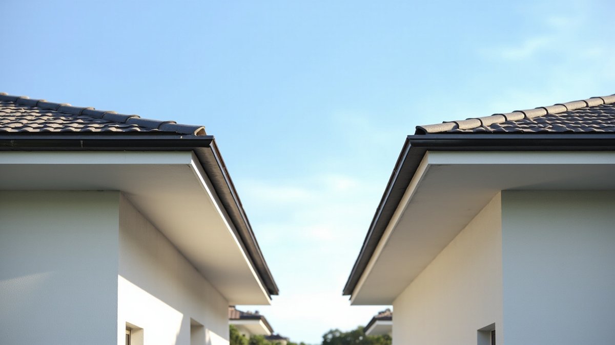 Illustrative concept design: two neighbouring roofs in matching dark tiles with black gutters and white soffits