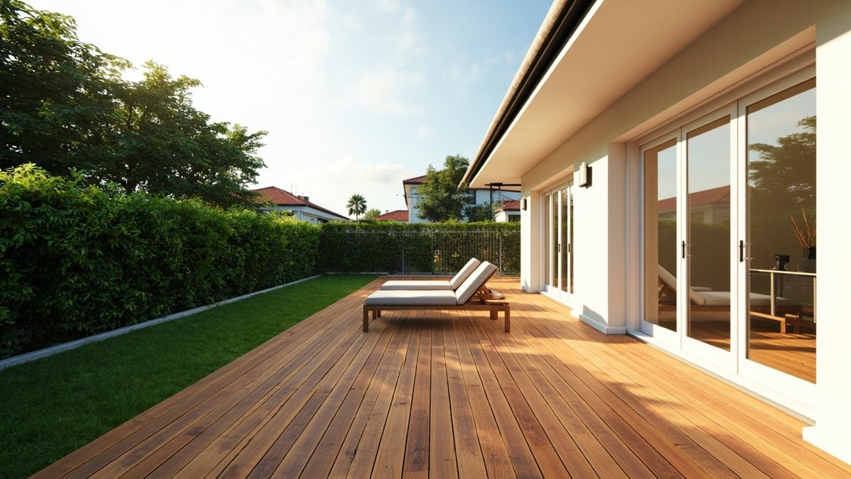 Illustrative concept design: timber deck with two loungers along a lawn and hedge beside glass doors