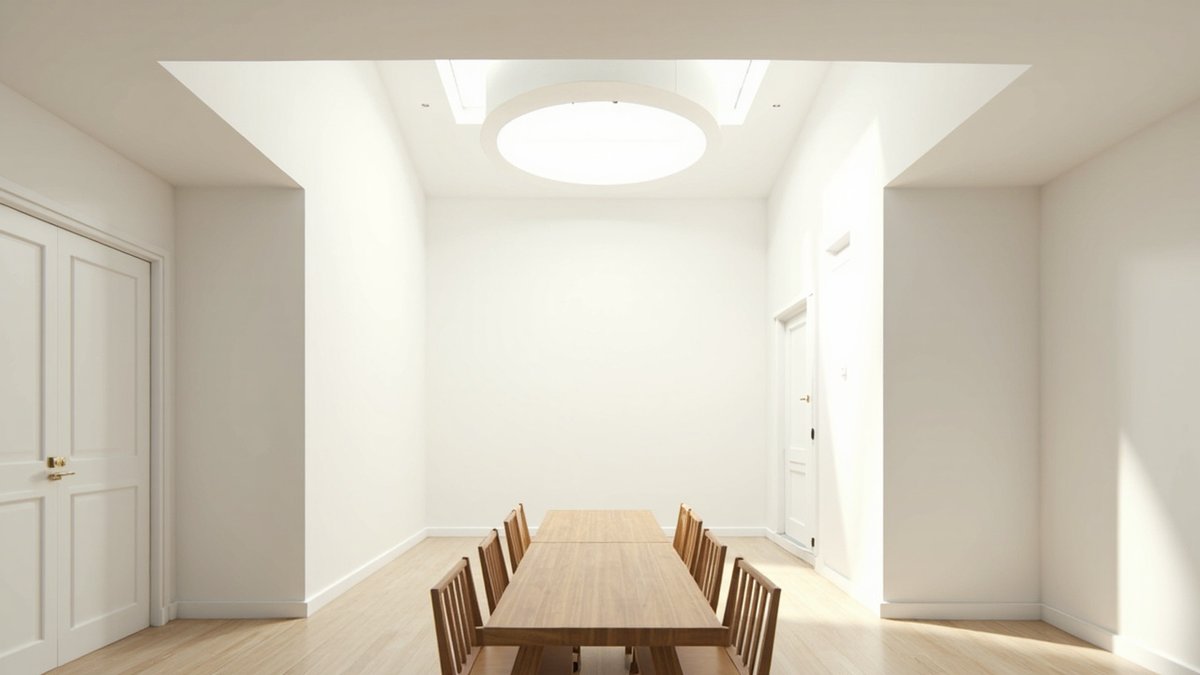 Illustrative concept design: dining room lit by a large round ceiling skylight above a long timber table