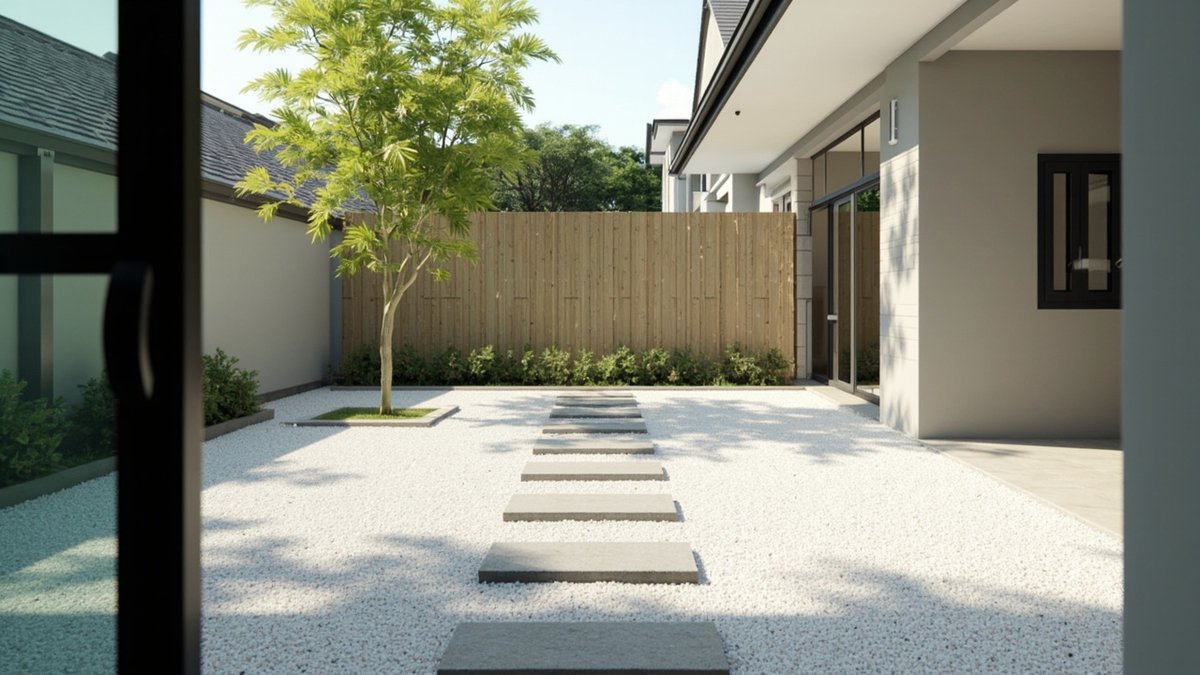 Illustrative concept design: white gravel courtyard with stepping stones, a small tree and a timber screen fence