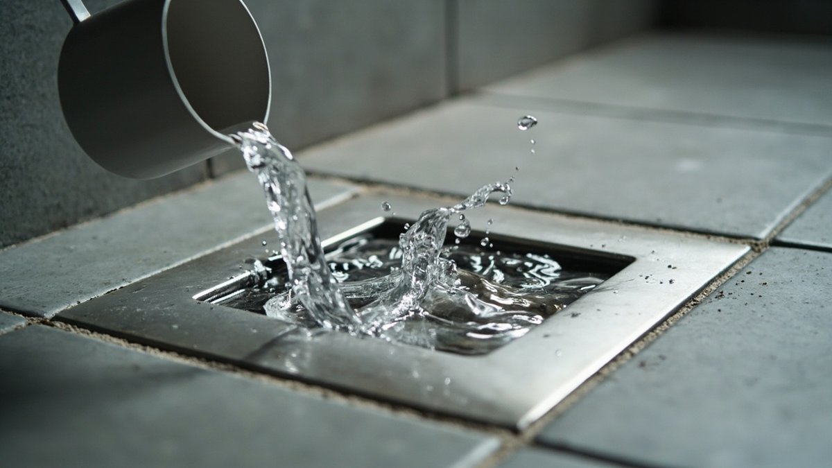 Water poured from a steel cup into an open square stainless floor trap recess in grey tiles