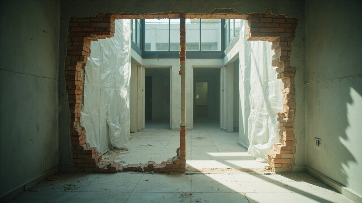 Partition wall between two condo bedrooms being hacked to make one larger room