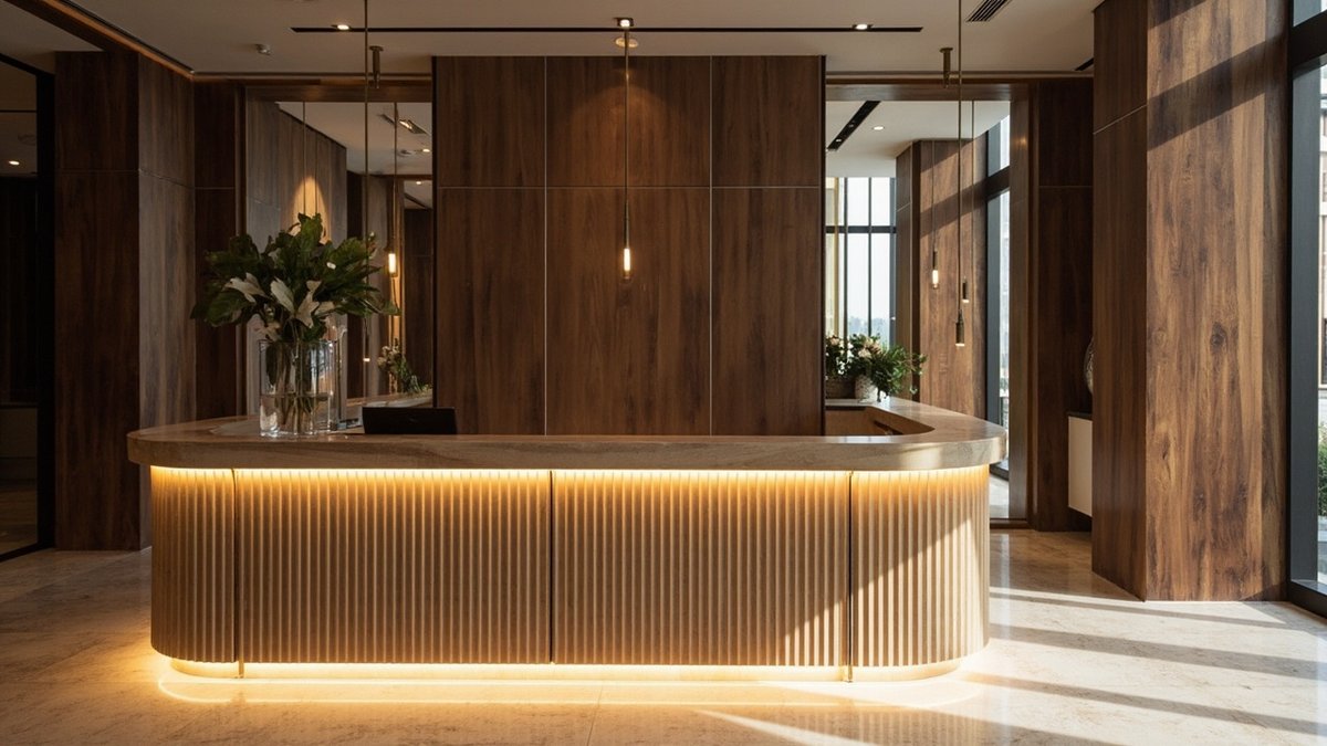 Custom curved reception counter with fluted panel front in a Malaysian office lobby