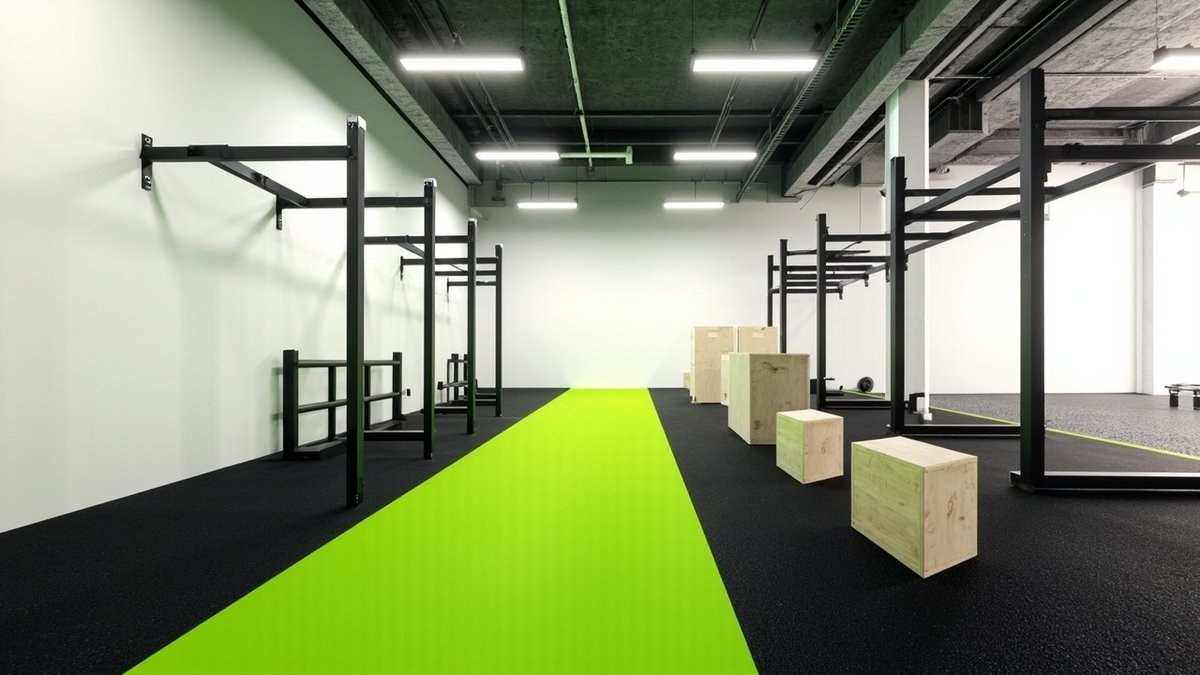 Illustrative concept design: boutique gym with a black rubber floor, a lime green strip and black steel training rigs