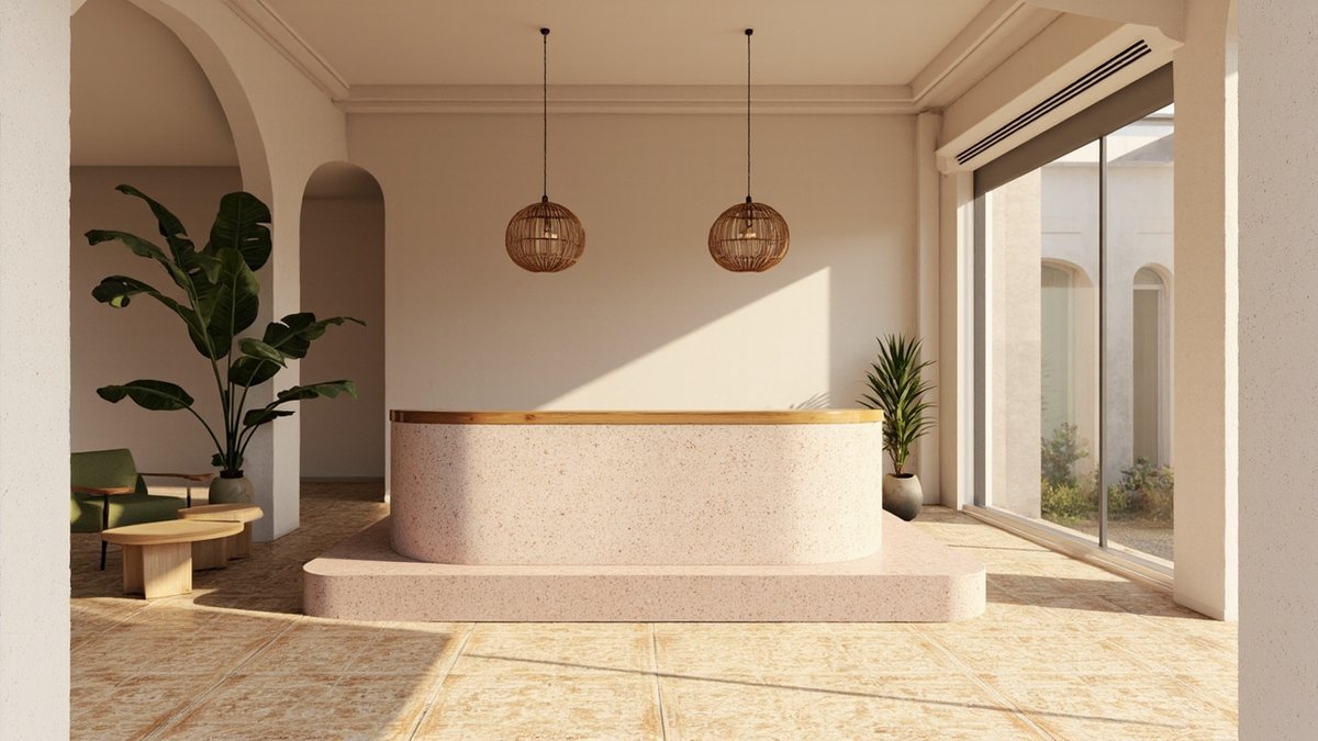 Illustrative concept design: boutique hotel lobby with a curved terrazzo counter under rattan pendants and arched openings