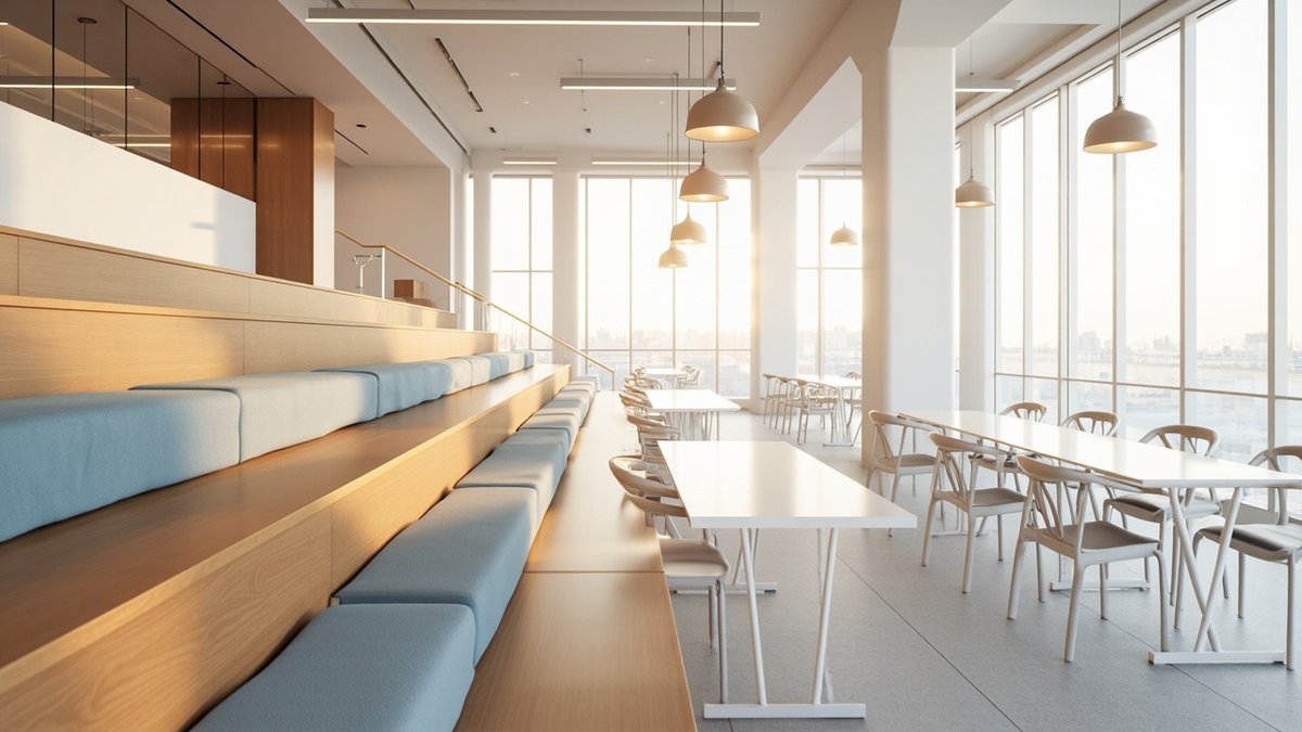 Illustrative concept design: co-working floor with oak bleacher steps, blue cushions and long white shared tables