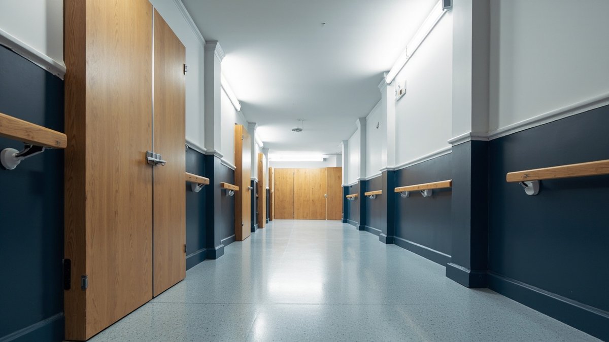 Illustrative concept design: corridor with a navy wipe-clean dado, oak handrails and solid oak doors