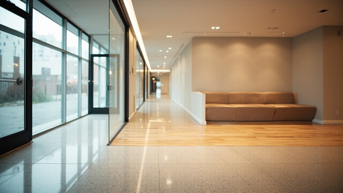 Illustrative concept design: entrance where terrazzo meets oak flooring, with a tan bench in a recess and cove light