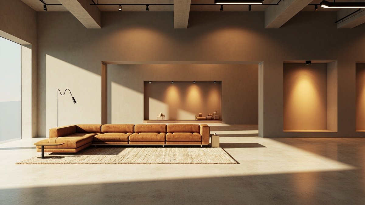 Illustrative concept design: furniture showroom with a caramel leather sofa set, lit wall niches and track lights