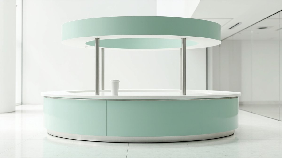 Illustrative concept design: round mint green island kiosk with a white top and a ring canopy in a white atrium