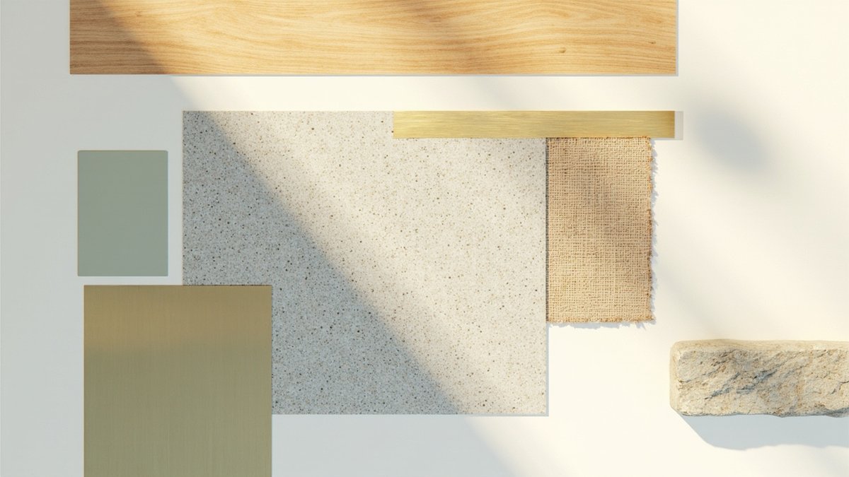 Illustrative concept design: material board of oak, terrazzo, brass, burlap, sage paint and stone samples