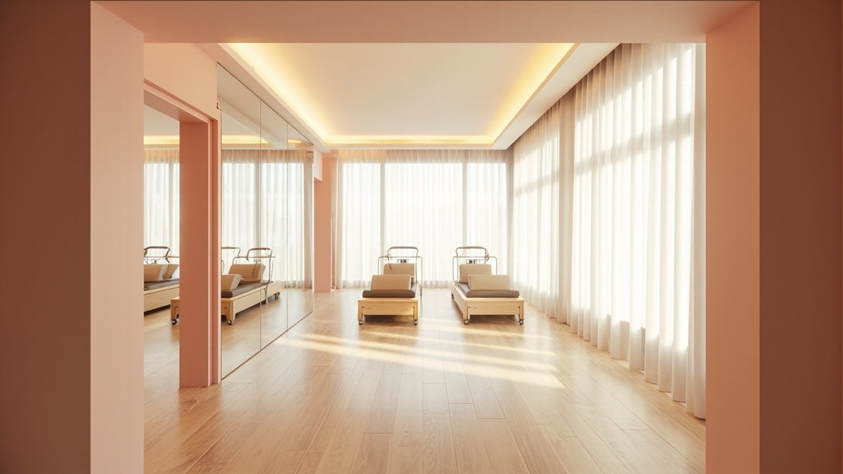 Illustrative concept design: pilates studio with pale timber reformers on an oak floor and sheer white curtains