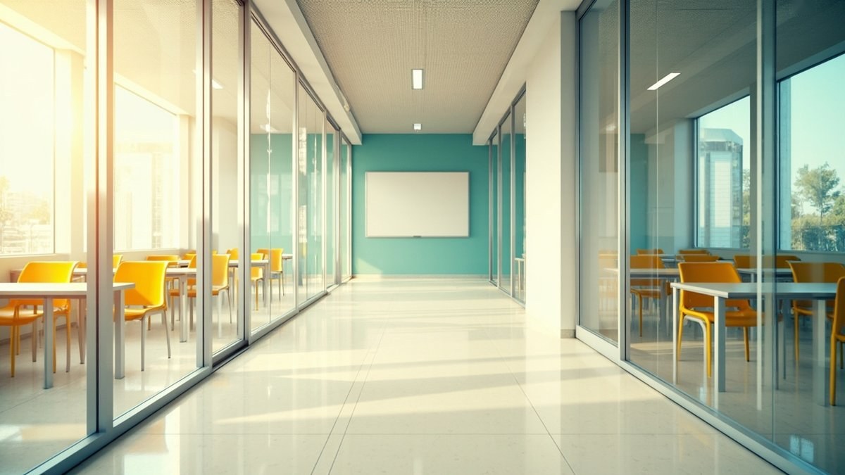 Illustrative concept design: tuition centre corridor between glass classrooms with white desks and yellow chairs