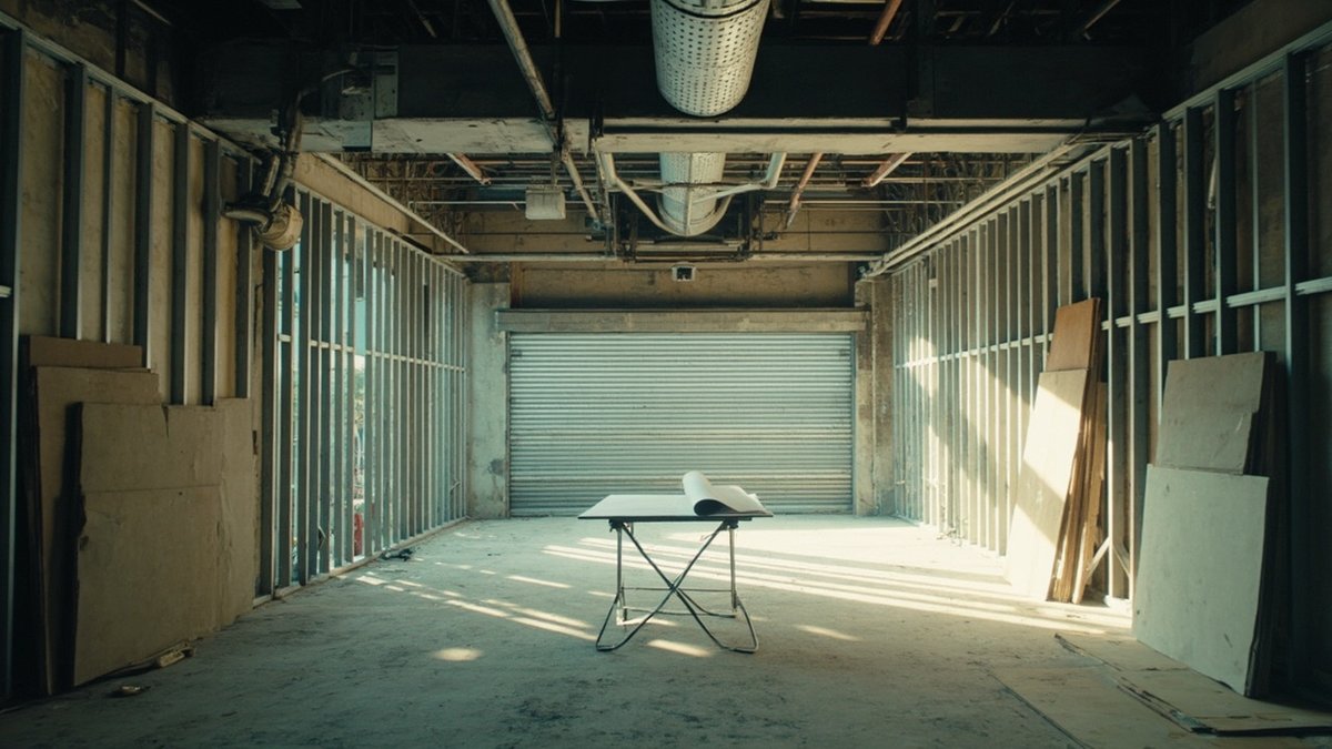 Kedai dalam proses fit-out dengan utiliti siling terdedah, rangka partition dan lukisan di atas meja