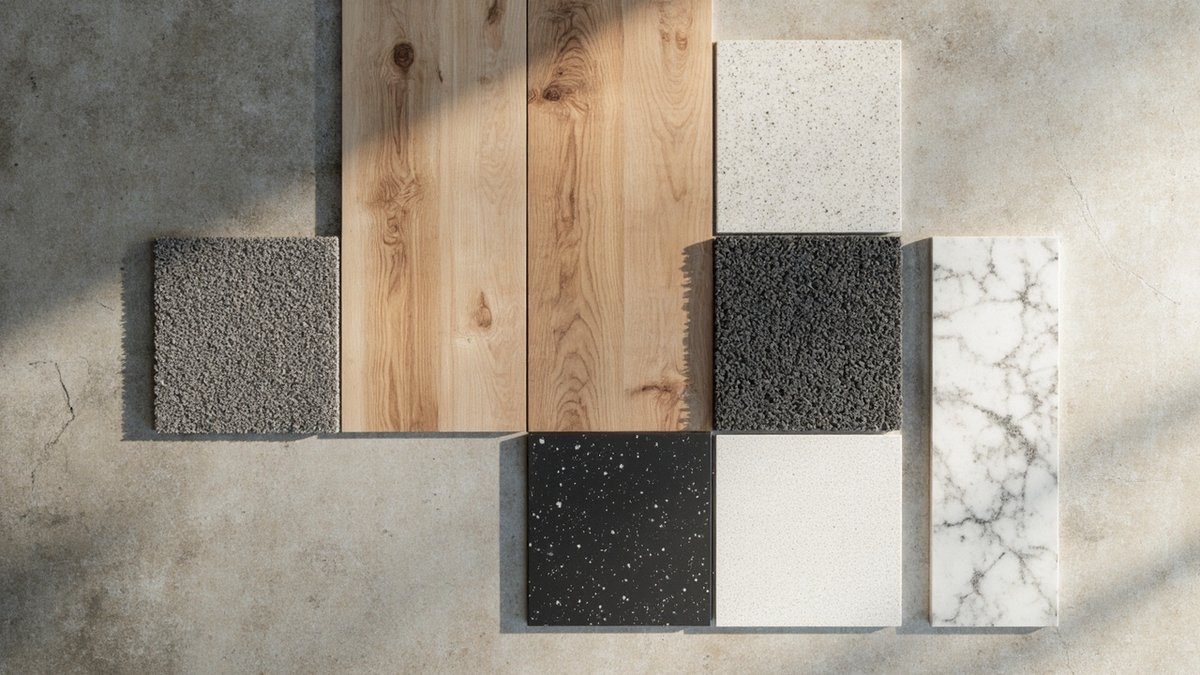 Samples of carpet tile, vinyl plank, SPC, gym rubber, porcelain tile and polished concrete