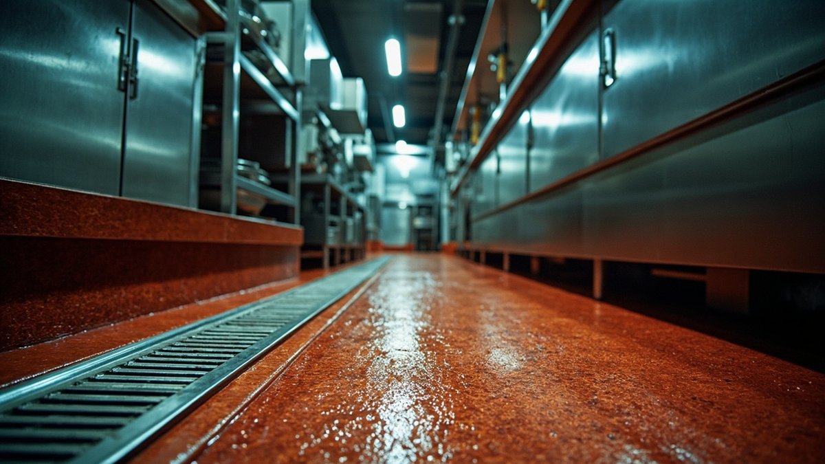 Dapur restoran bersih dengan lantai resin merah tanpa sambungan, tepi melengkung dan saluran longkang