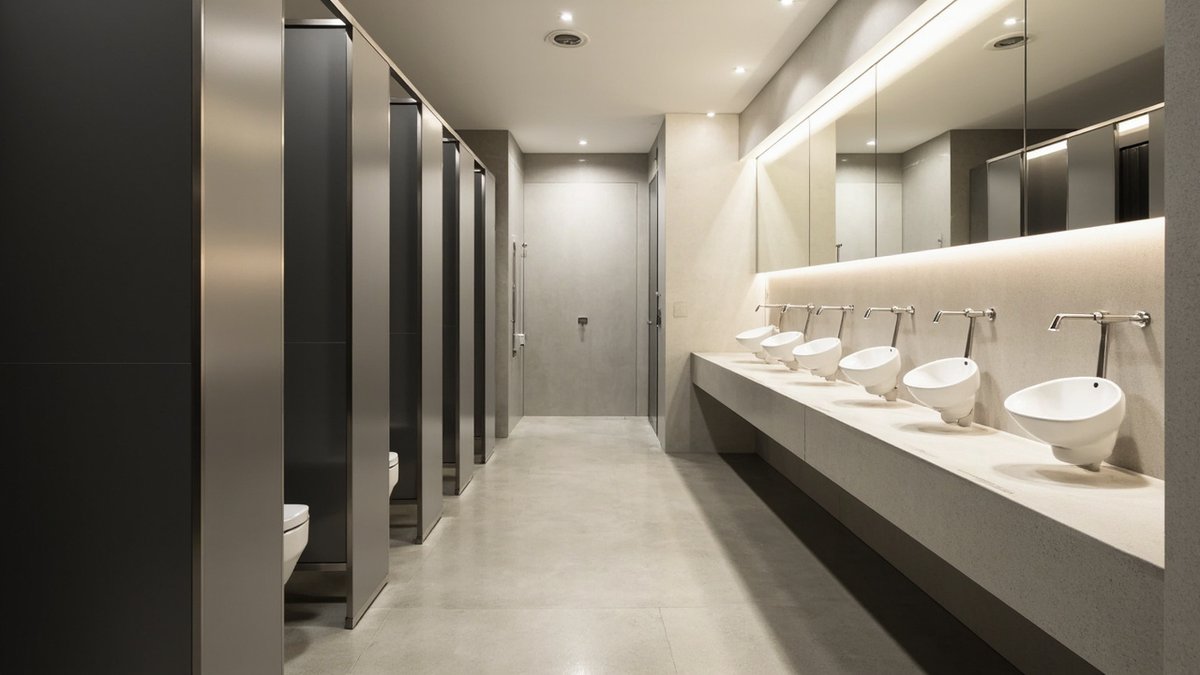 Modern Malaysian office washroom with grey cubicle partitions, sensor taps, urinals and anti-slip floor tiles