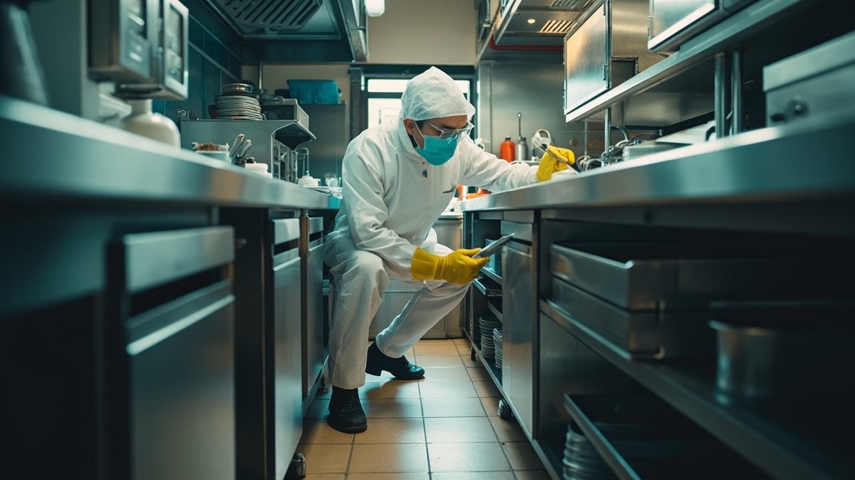 Licensed technician treating a commercial restaurant kitchen under a pest contract