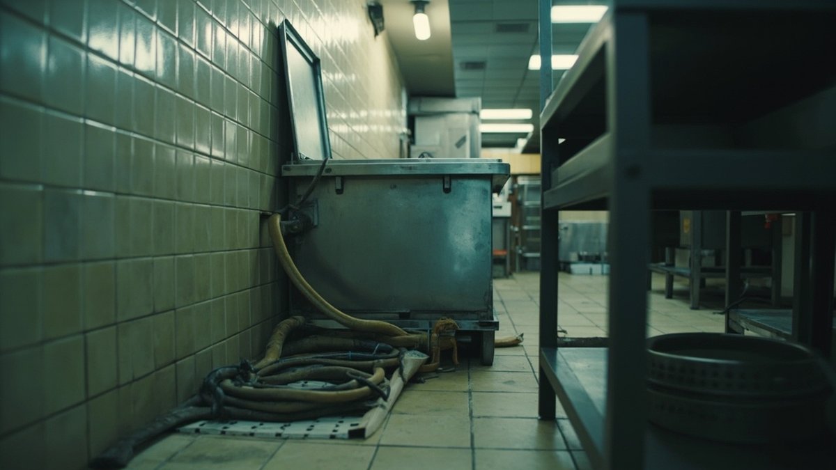 Stainless steel grease trap opened for servicing beside a floor gully in a restaurant kitchen