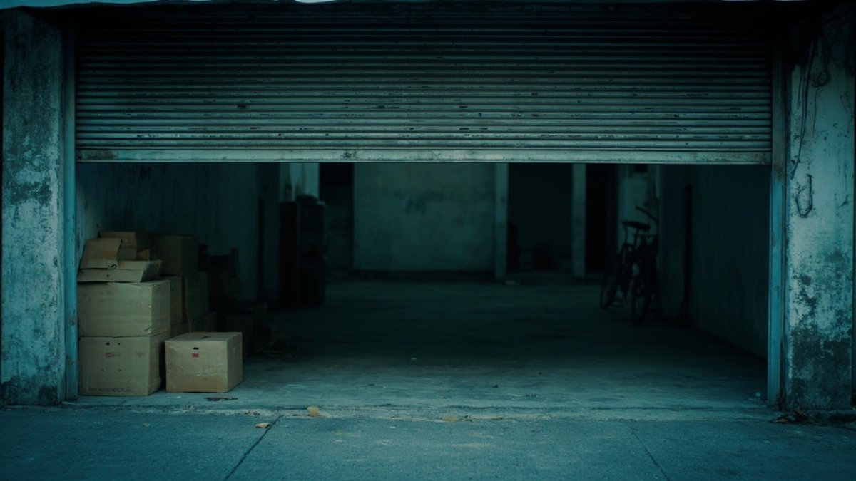 Empty shop lot with the roller shutter half open and a bare interior