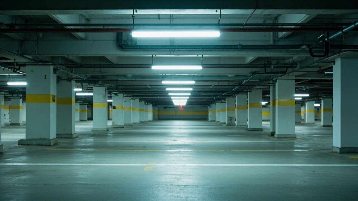 Condominium car park lit by rows of new LED batten lights