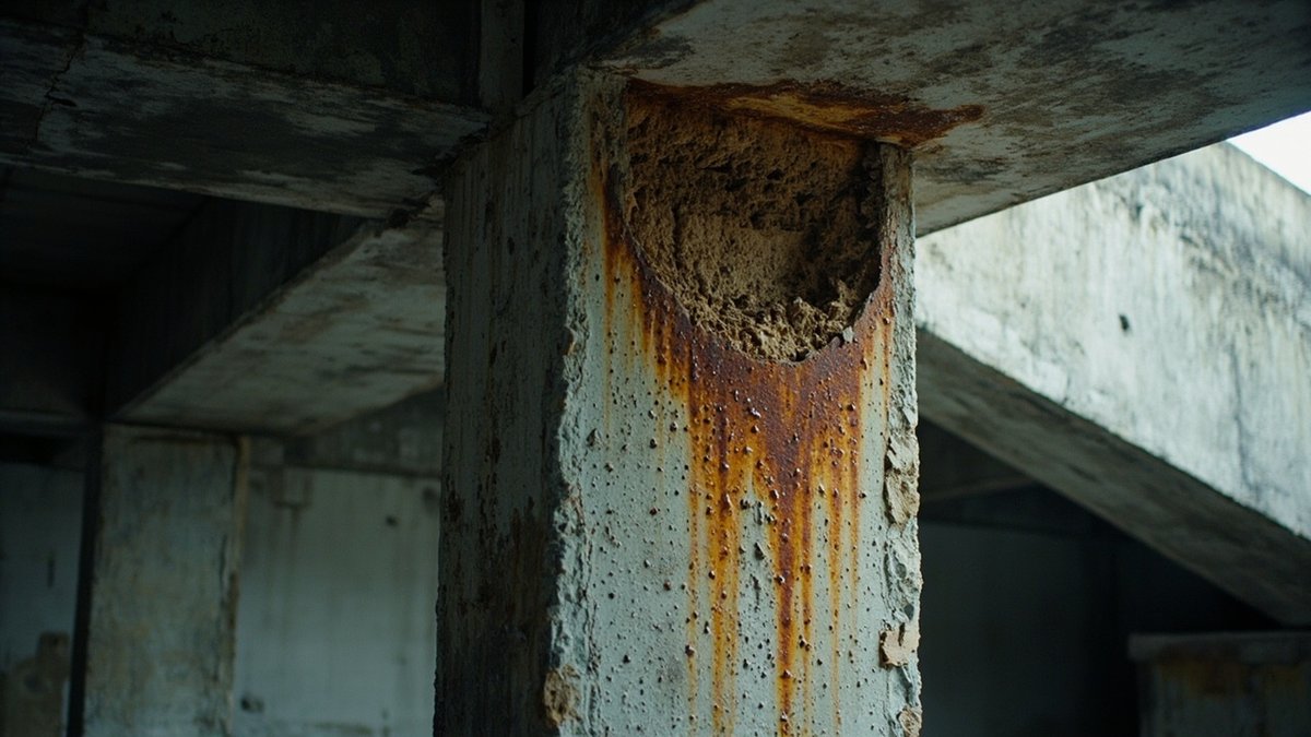 Spalling concrete and rust stains on a condo car park column, developer liability