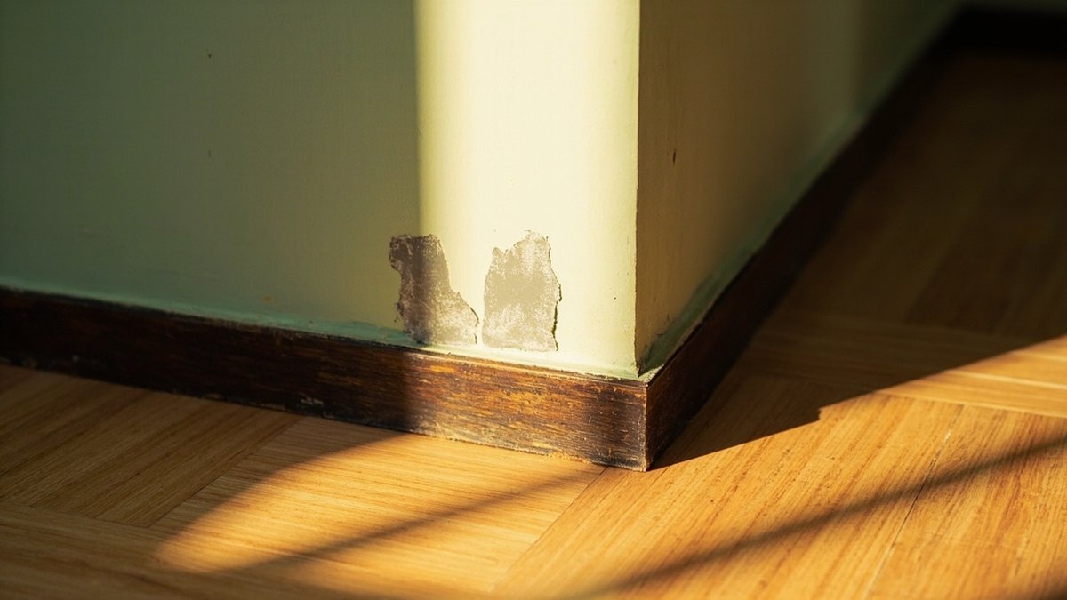 Close-up of a scuffed wall corner showing typical rental unit damage