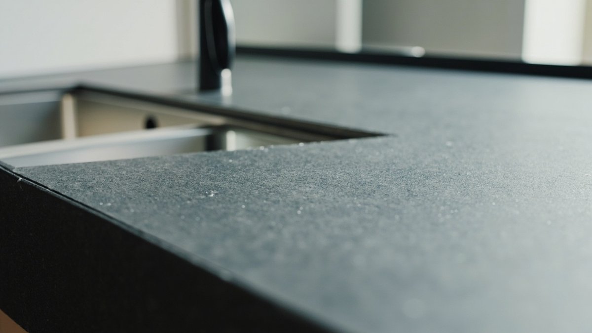 Tepi table top compact laminate menunjukkan teras gelap padu di sebelah sinki undermount