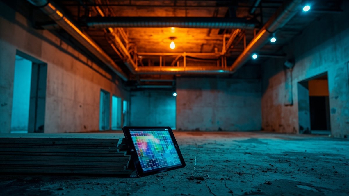 Tablet showing a colour-coded comparison sheet on gypsum boards inside a shop unit mid fit-out at night