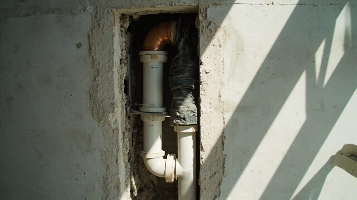 Chase cut in a bedroom wall holding insulated copper aircon pipes and a drain pipe before plastering