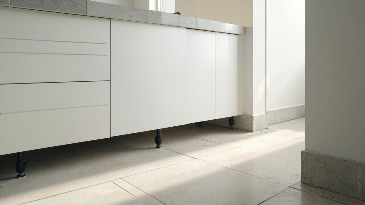 White kitchen base cabinets raised on adjustable black legs above a pale stone tile floor, with a tiled worktop edge