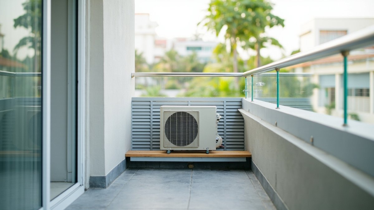 Illustrative concept design: aircon outdoor unit on a timber ledge in front of a grey louvre screen