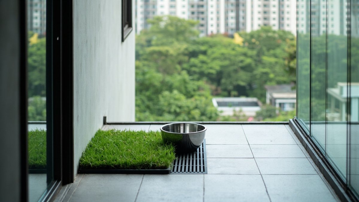 Illustrative concept design: artificial turf square on a drainage tray in a balcony corner