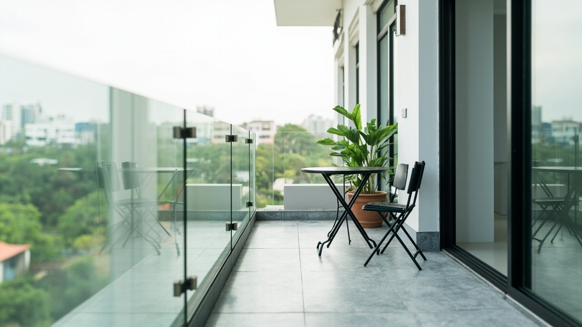 Illustrative concept design: round bistro table and two folding chairs on a narrow balcony