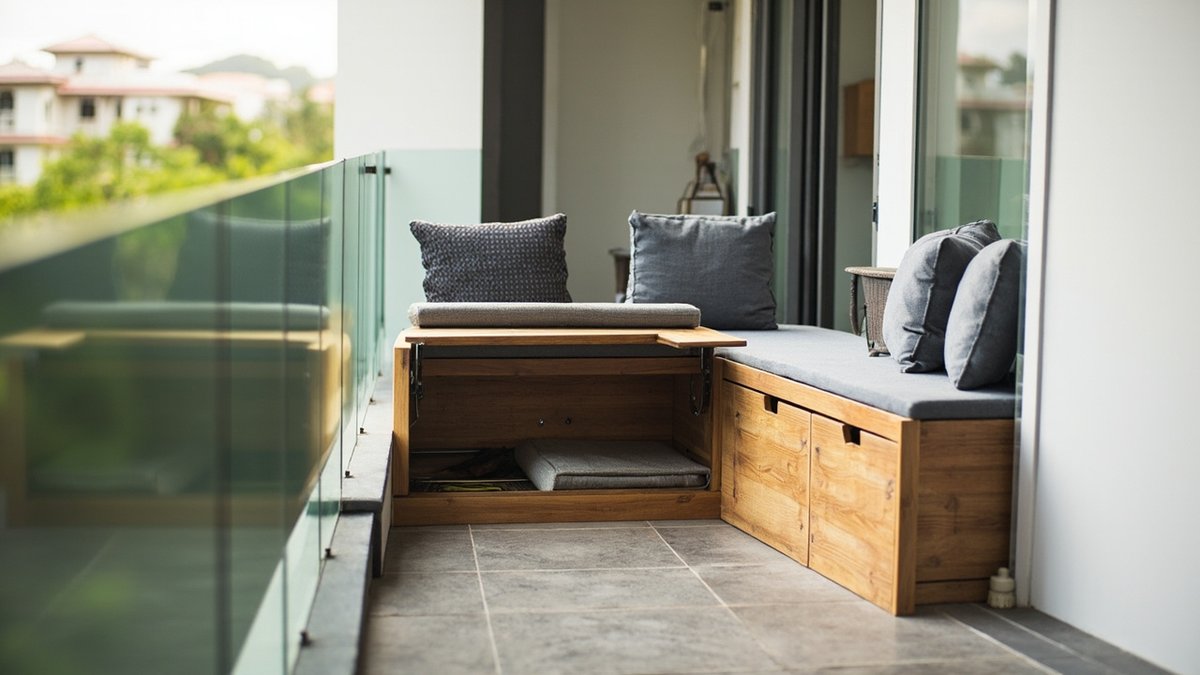 Illustrative concept design: timber balcony bench with a lift-up lid showing storage inside