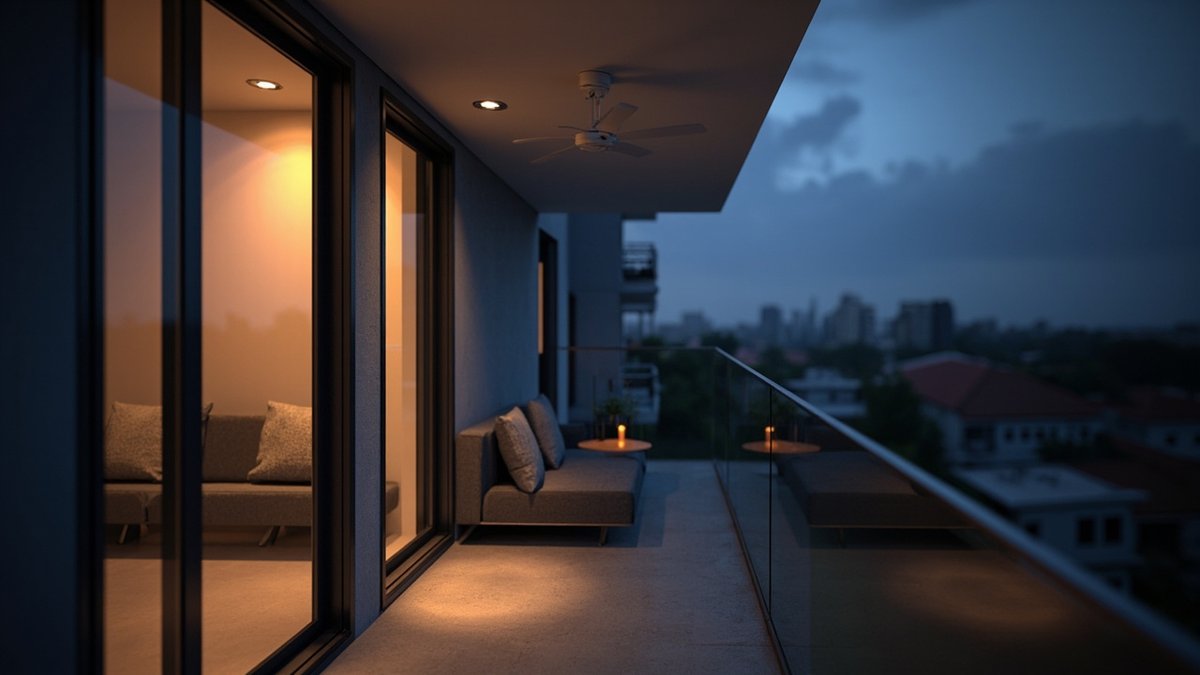 Illustrative concept design: balcony ceiling fan and warm downlights over an outdoor sofa at dusk