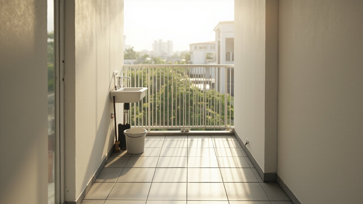 Illustrative concept design: flat balcony with grey tiles and a wall-hung utility sink