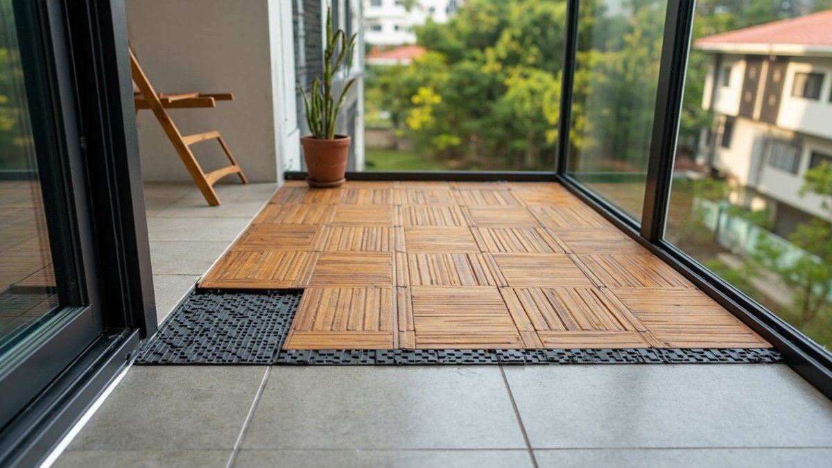 Illustrative concept design: timber-look interlocking deck tiles laid over the existing balcony tiles