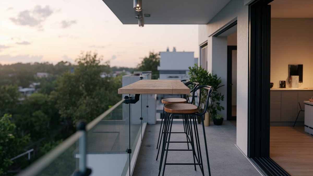 Illustrative concept design: timber bar ledge on the glass balustrade with two stools facing the view