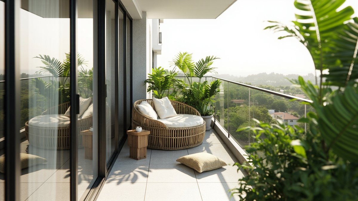 Illustrative concept design: rattan lounger and floor cushion as a reading spot in the balcony corner