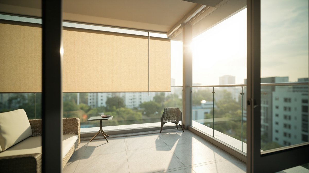 Illustrative concept design: beige mesh roller blinds half down along the balcony edge