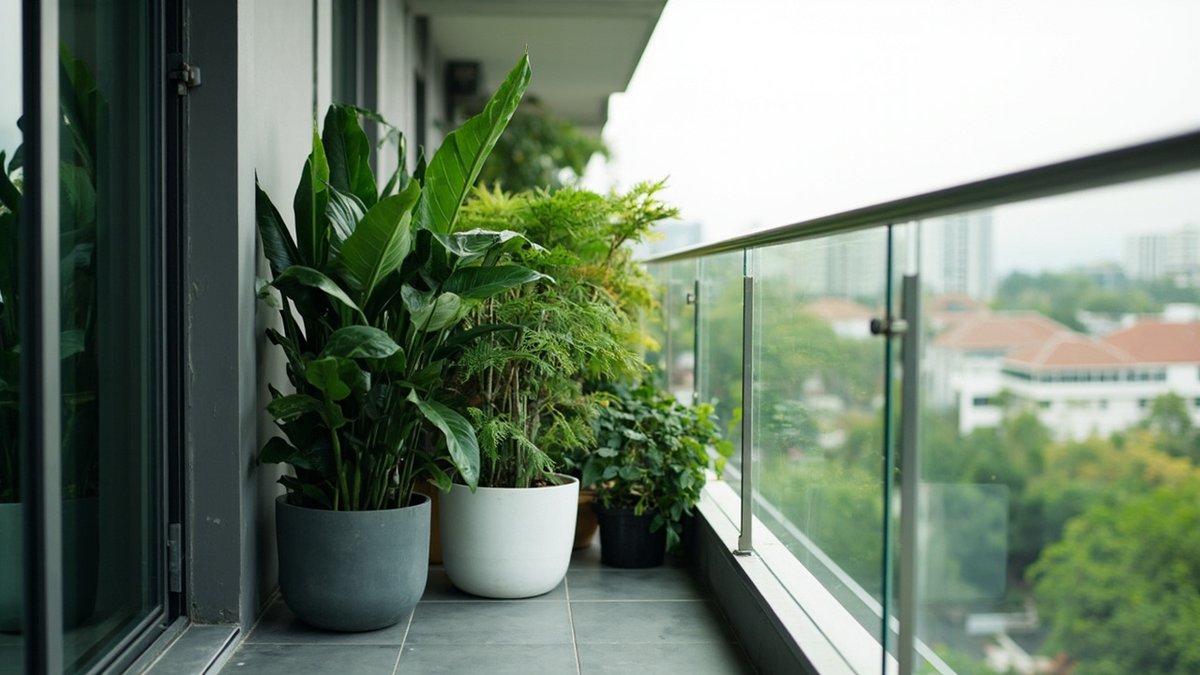 Illustrative concept design: large potted tropical plants grouped against the balcony wall