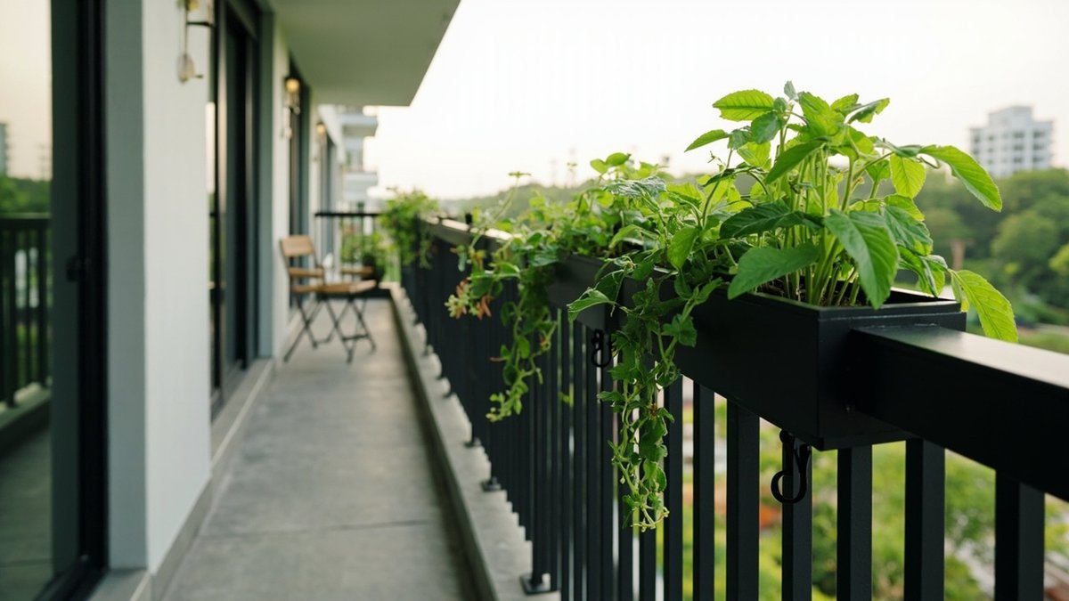 Illustrative concept design: black rail planters with herbs hooked over the balustrade