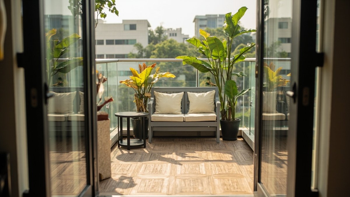 Illustrative concept design: narrow condo balcony lounge with deck tiles, a cushioned bench and potted tropical plants