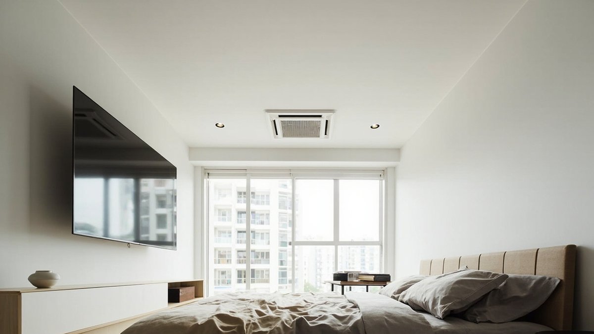 Ilustrasi konsep reka bentuk: siling bilik tidur rata dengan aircond cassette siling segi empat dekat tingkap dan downlight