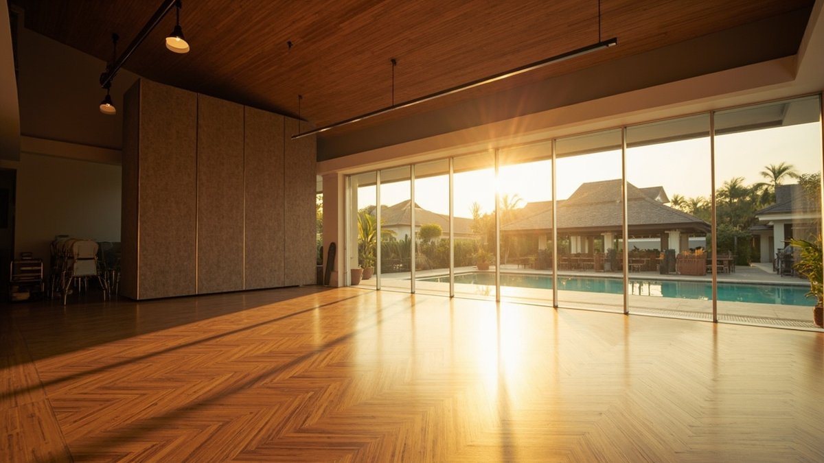 Dewan serbaguna kondo yang diubah suai dengan partition lipat dan pemandangan pavilion BBQ