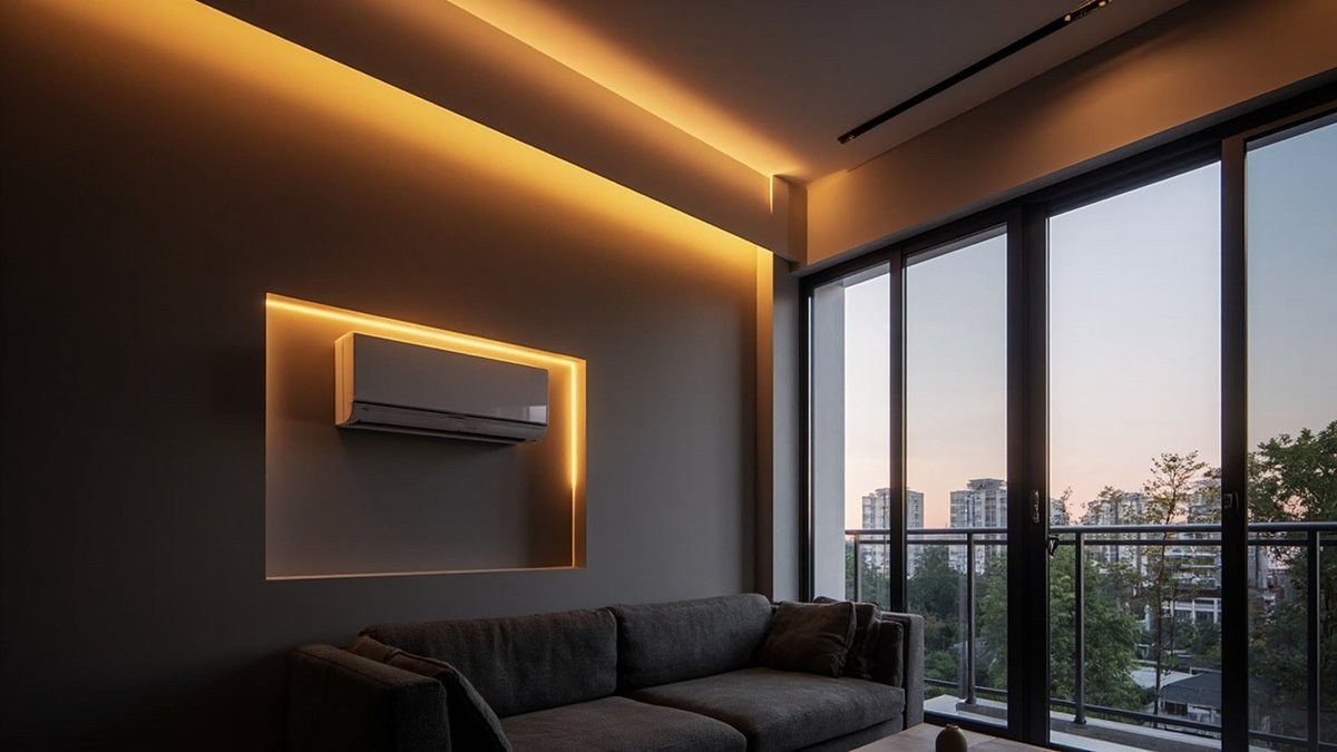 Illustrative concept design: cove-lit bulkhead and lit aircon recess on a charcoal condo living-room wall